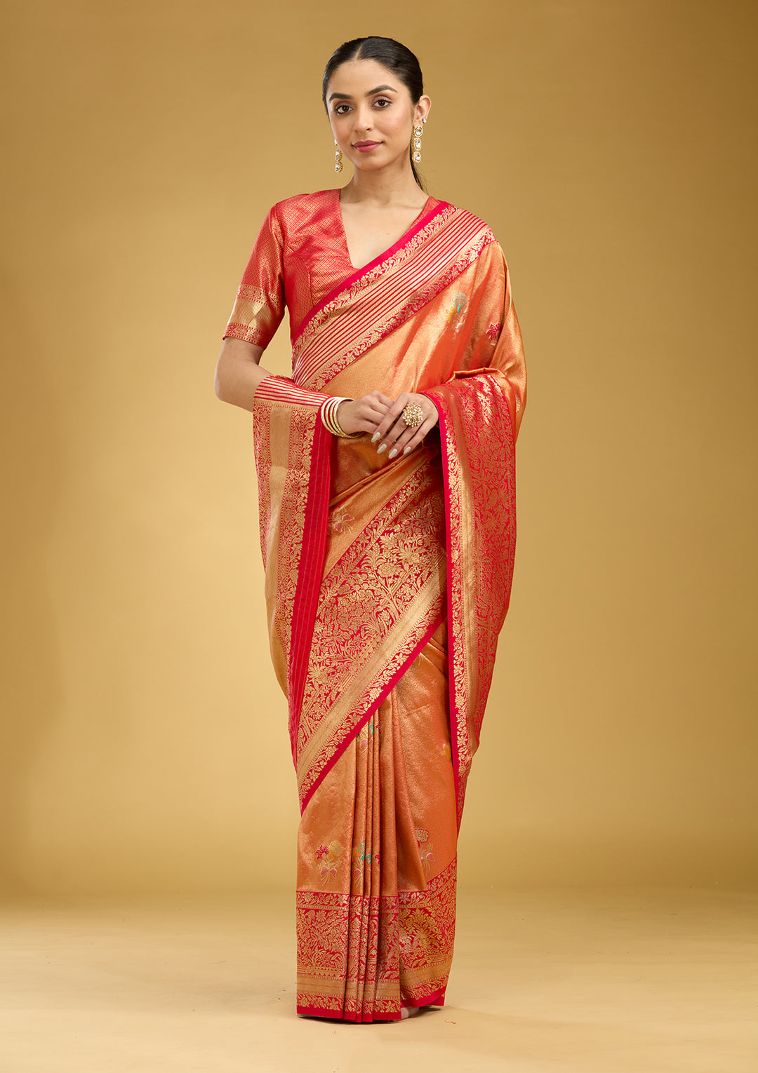 Rust Zariwork Art Silk Silk Saree