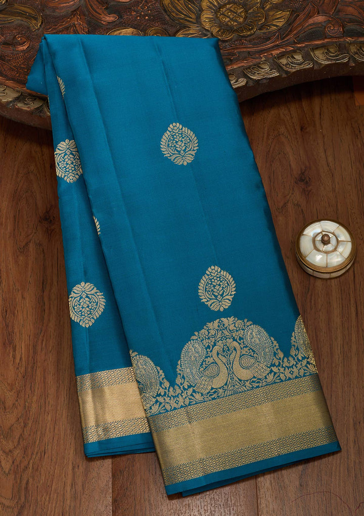 Peacock Blue Zariwork Silk Saree-koskii