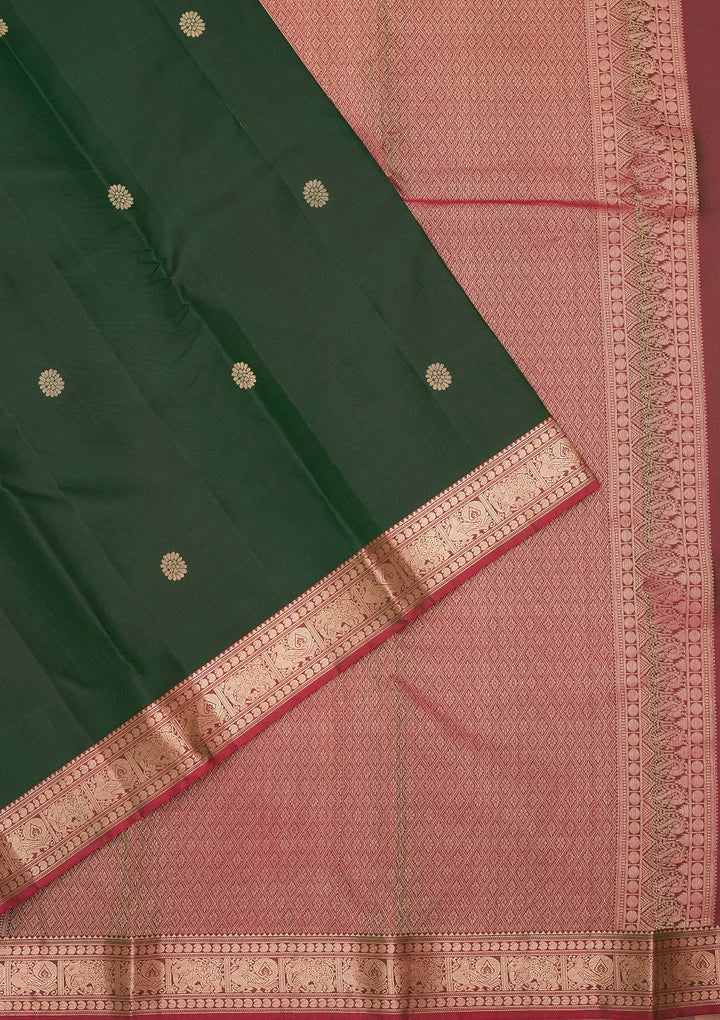Bottle Green Zariwork Pure Silk Saree-koskii