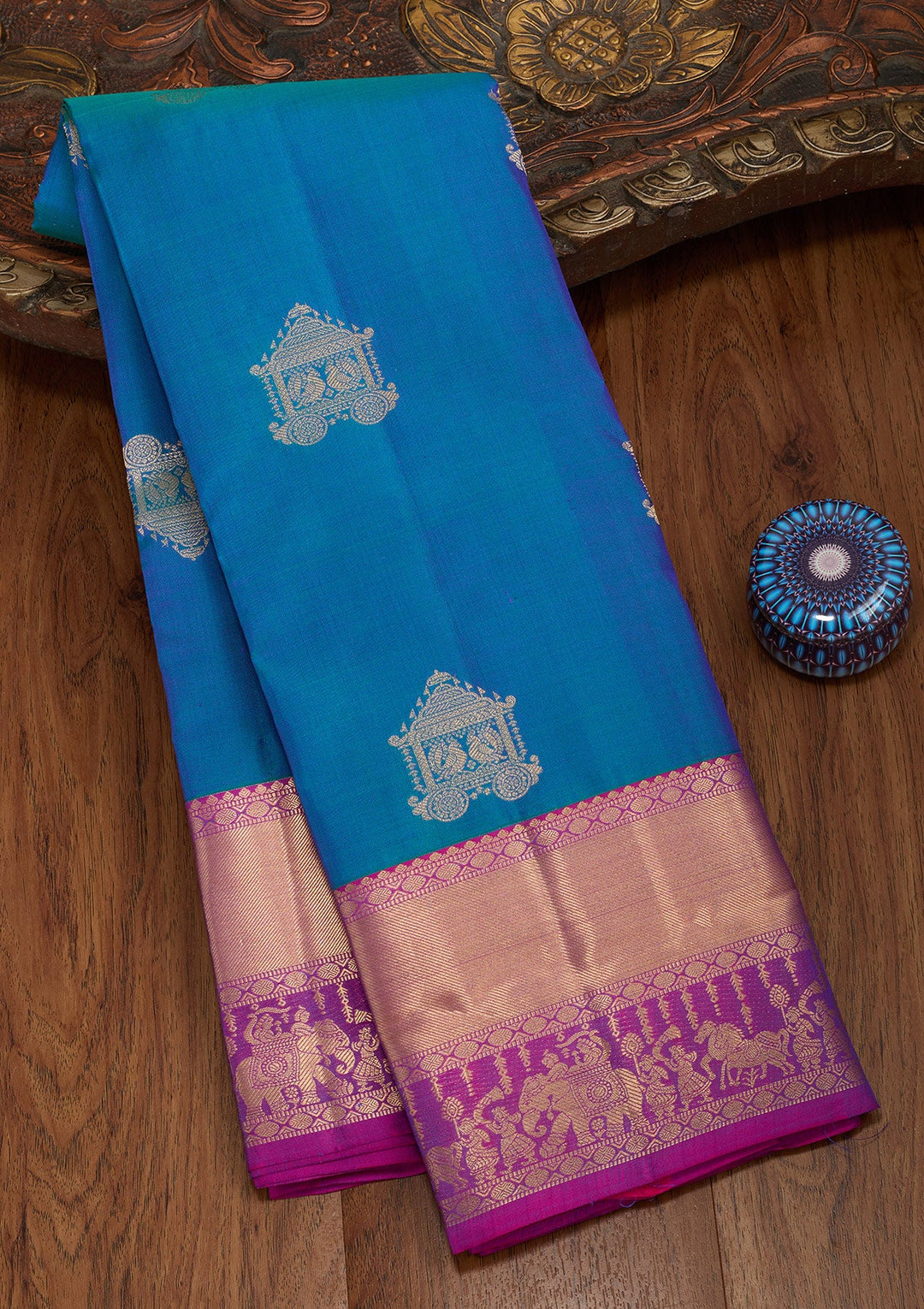 Peacock Blue Zariwork Silk Saree-koskii