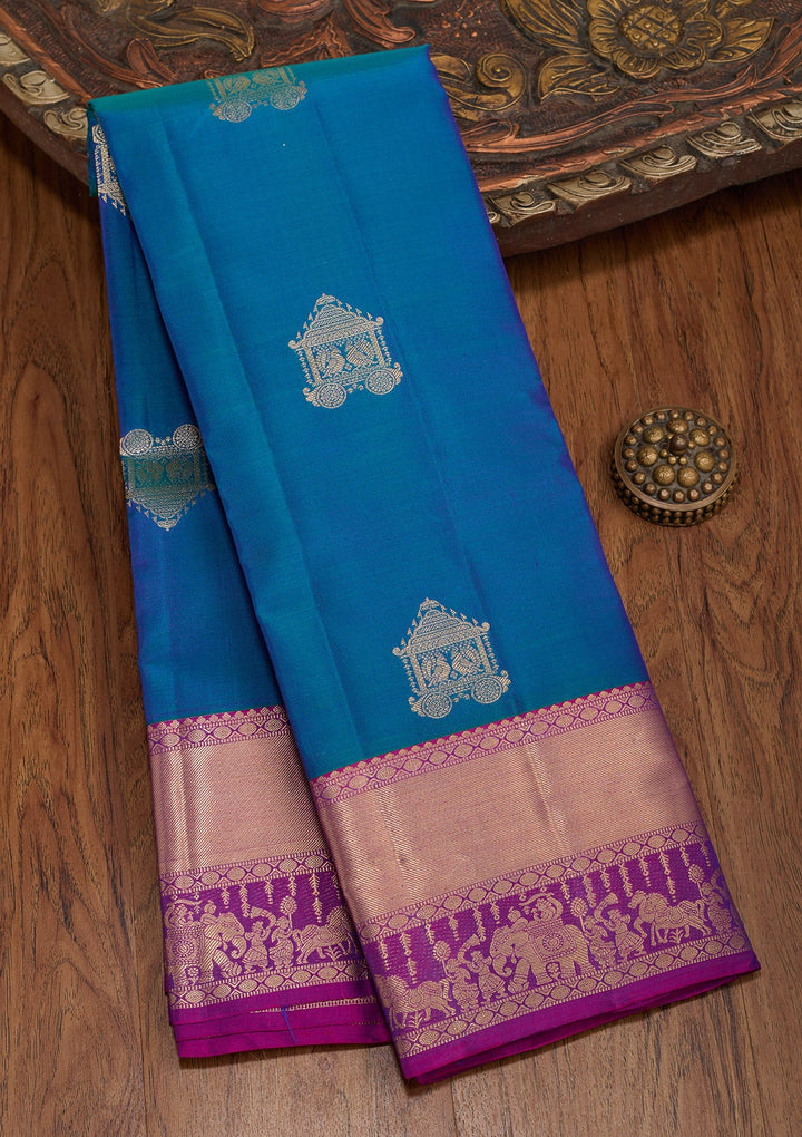 Peacock Blue Zariwork Pure Silk Saree-koskii