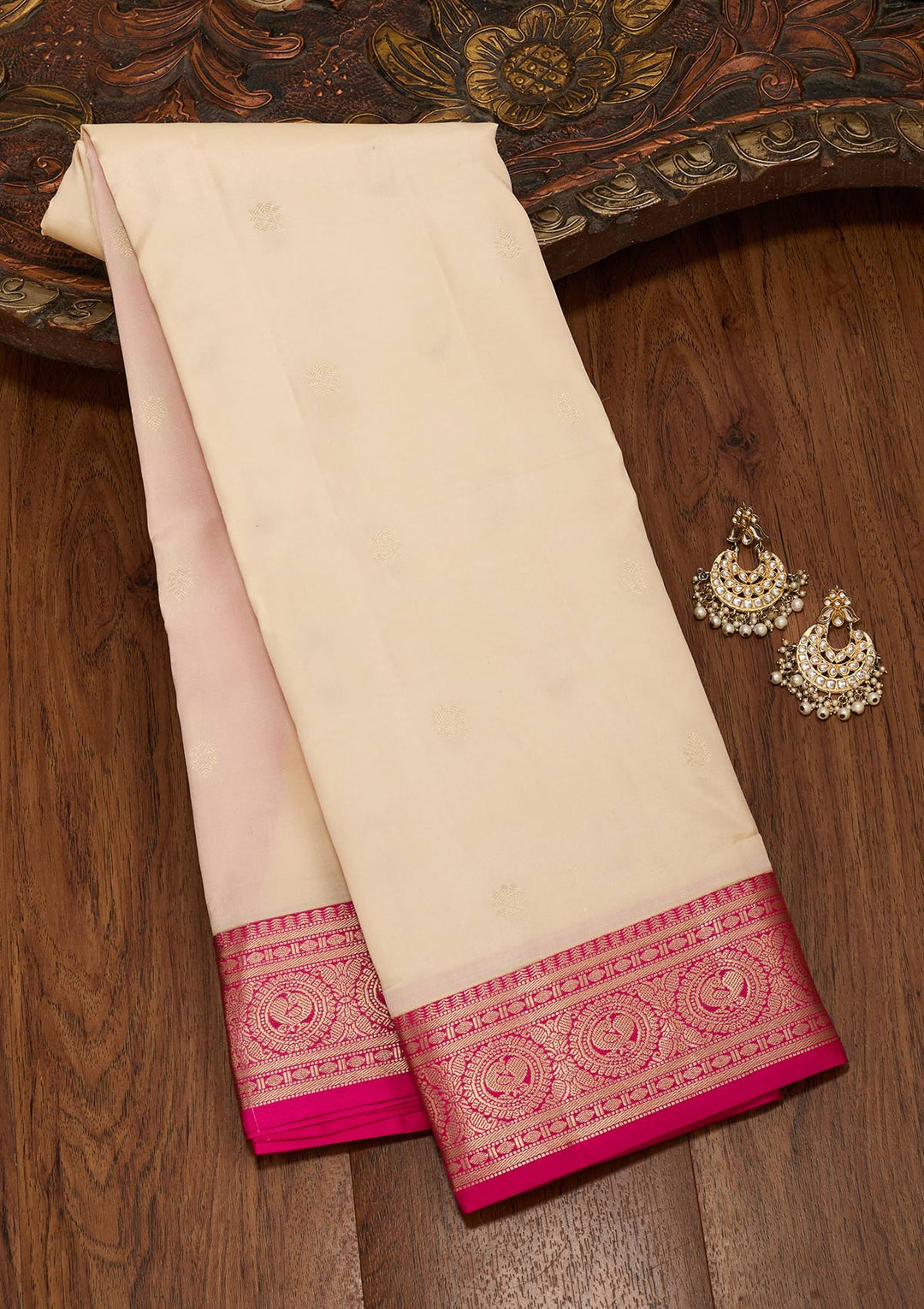 Cream Zariwork Pure Silk Saree-koskii