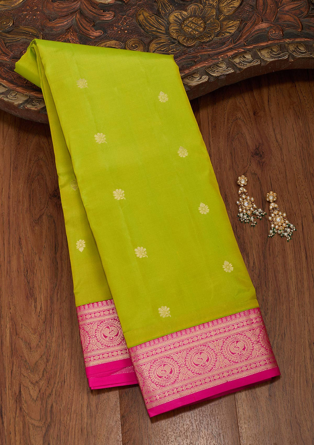 Parrot Green Zariwork Pure Silk Saree-koskii