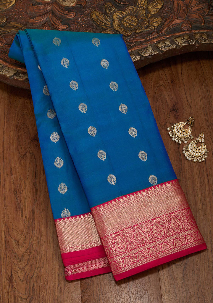Peacock Blue Zariwork Pure Silk Saree-koskii