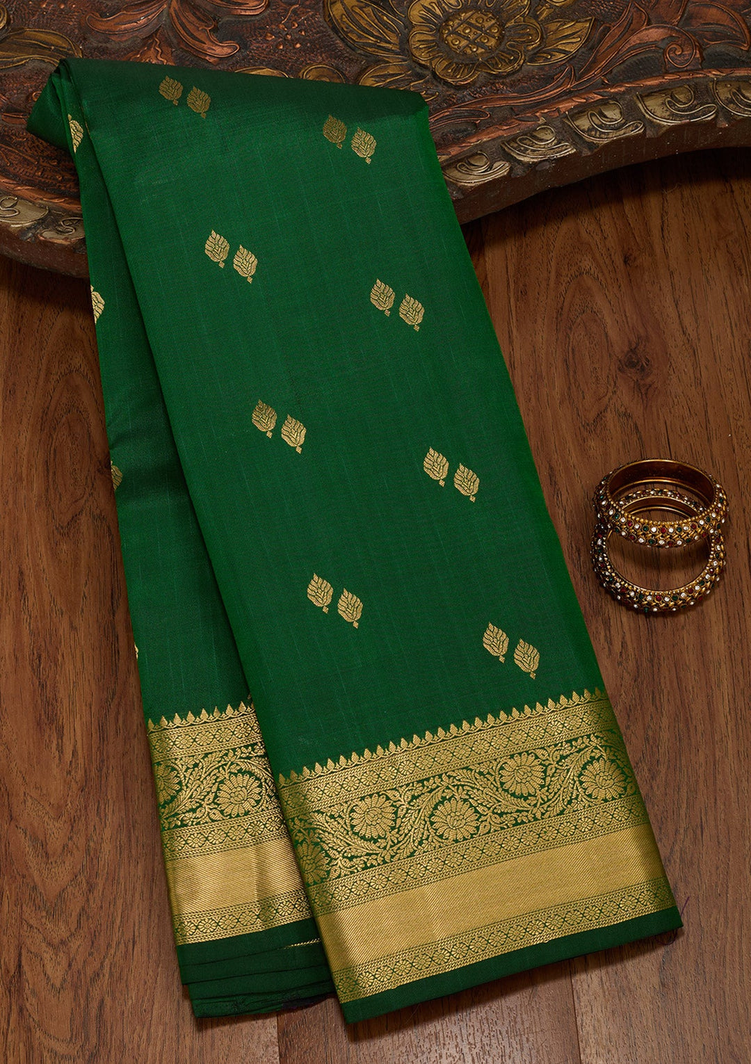 Bottle Green Zariwork Pure Silk Saree-koskii