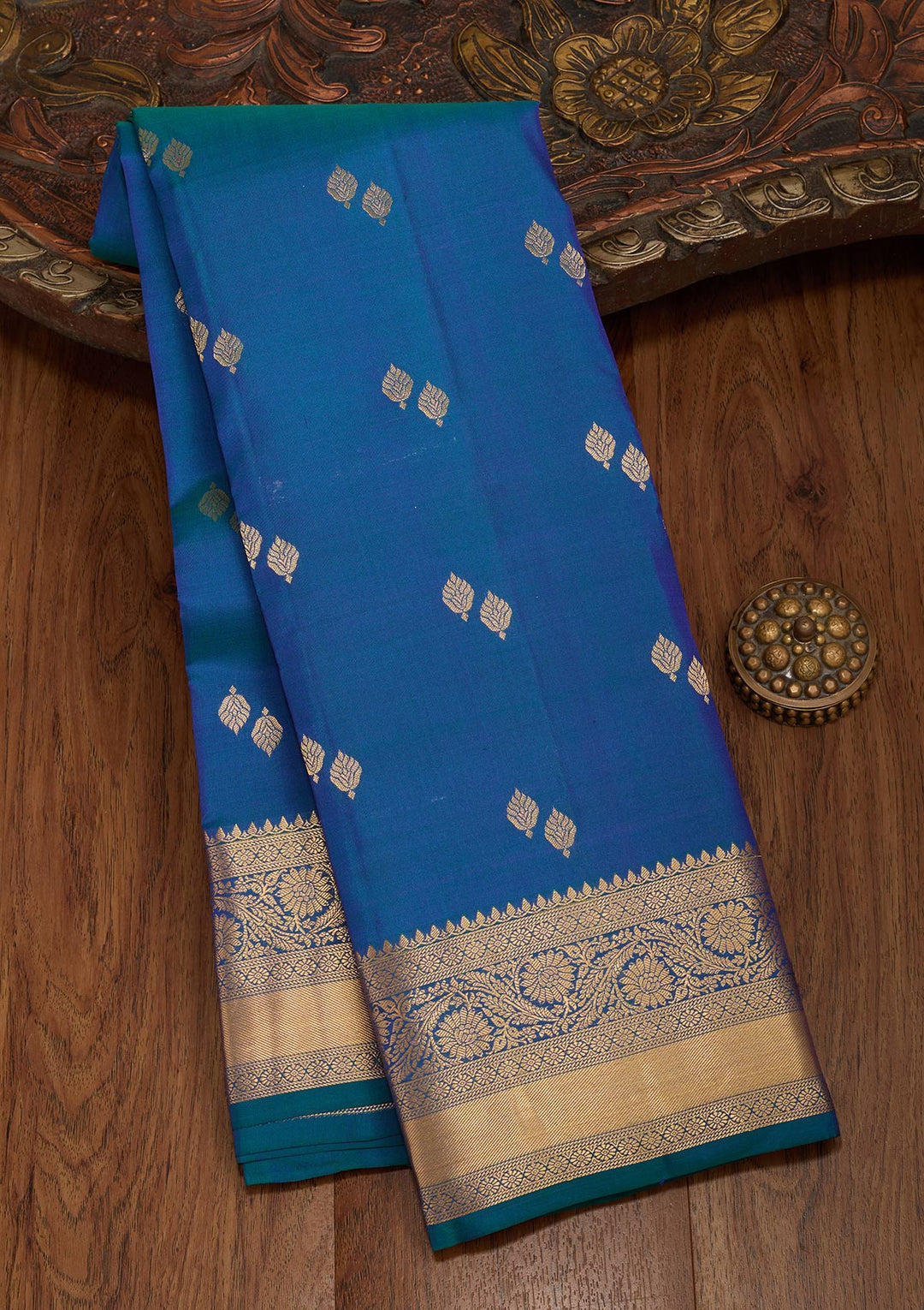 Peacock Blue Zariwork Pure Silk Saree-koskii