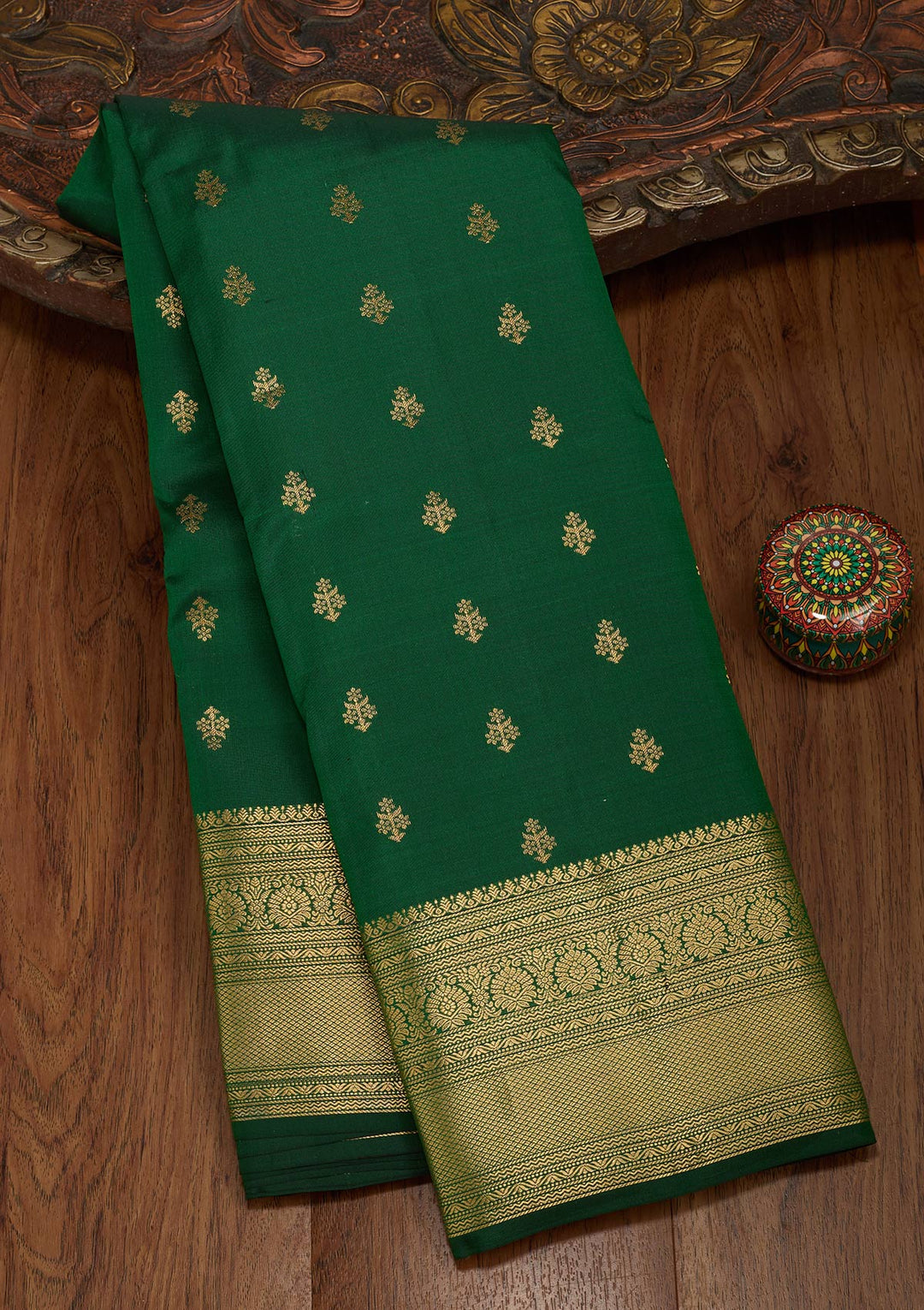 Bottle Green Zariwork Pure Silk Saree-koskii