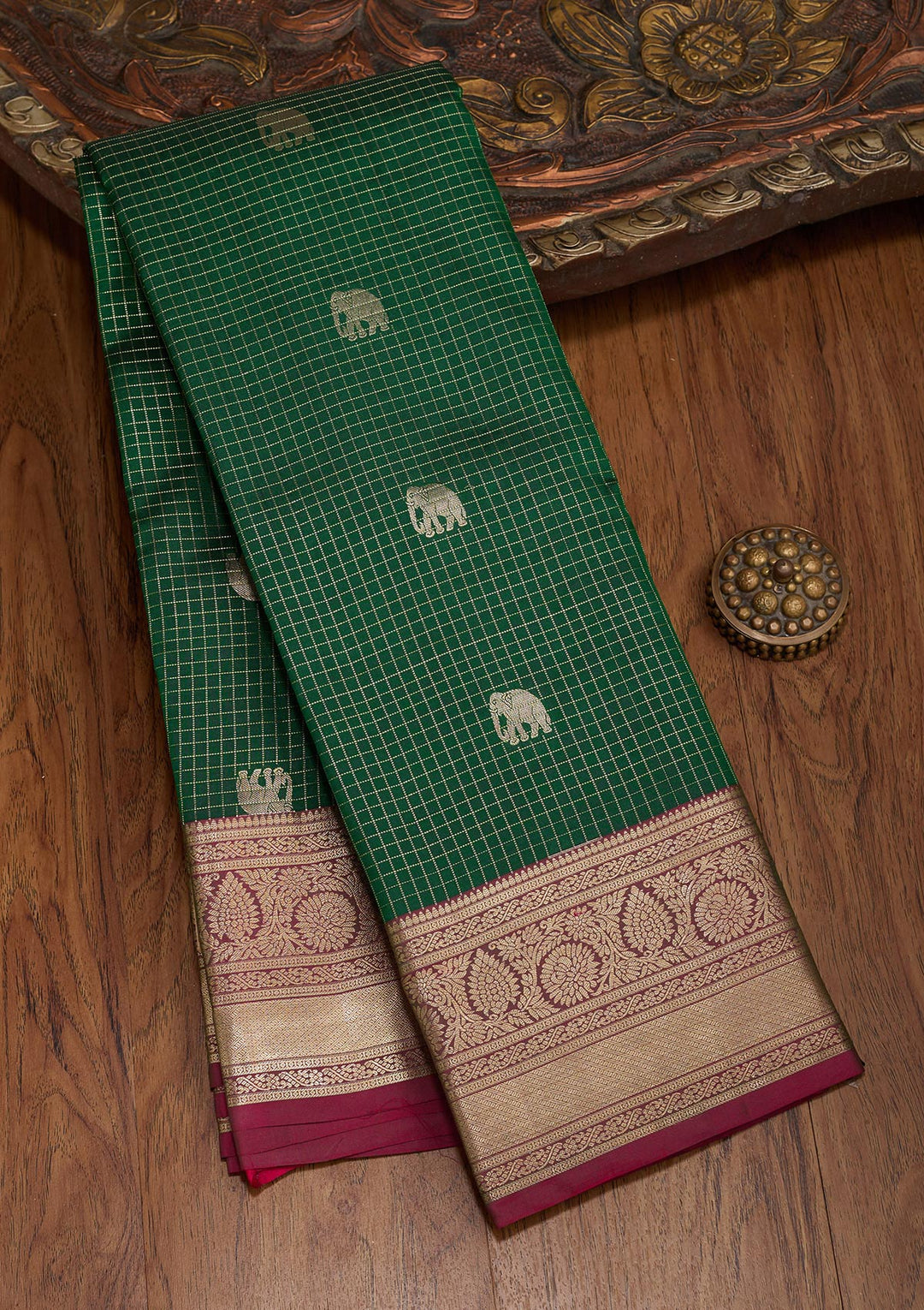 Bottle Green Zariwork Pure Silk Saree-koskii