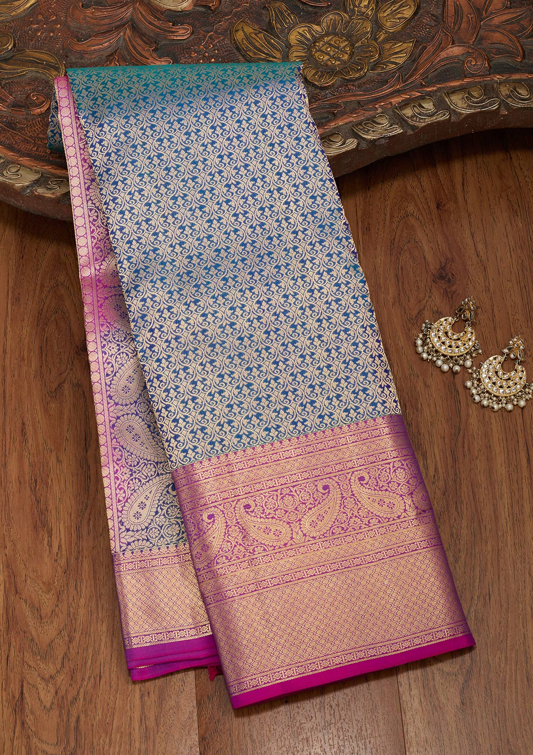 Peacock Blue Zariwork Pure Silk Saree-koskii