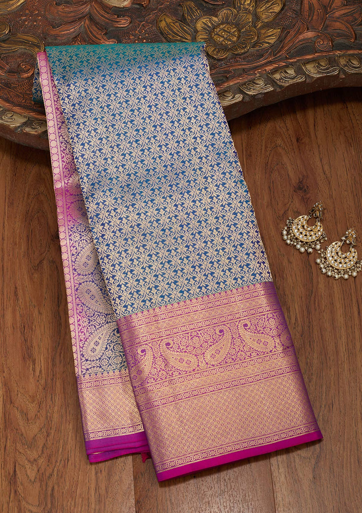 Peacock Blue Zariwork Pure Silk Saree-koskii