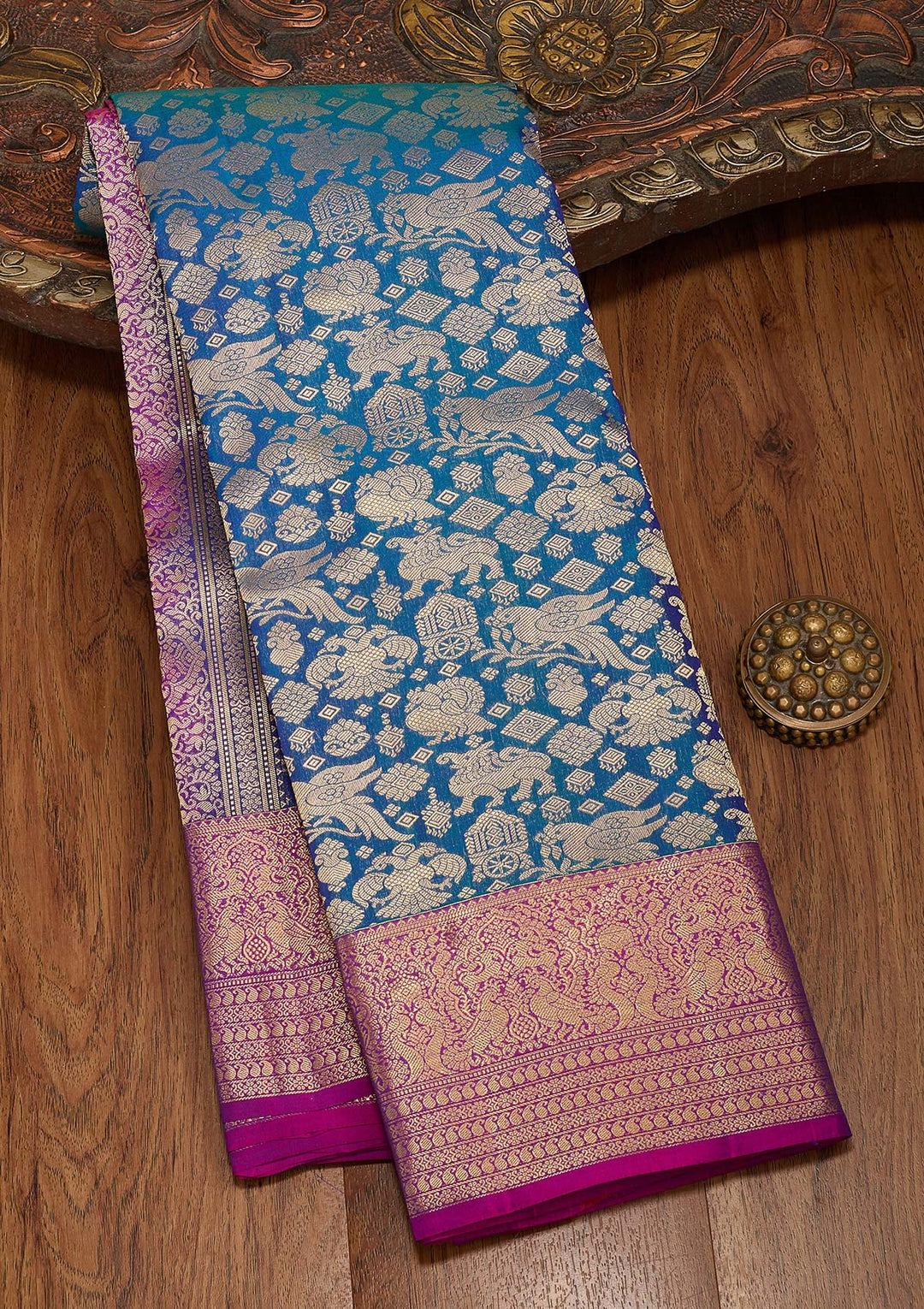 Peacock Blue Zariwork Pure Silk Saree-koskii