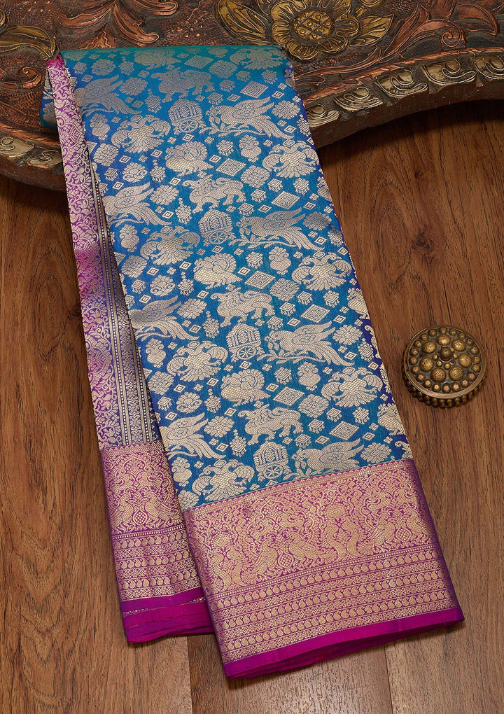 Peacock Blue Zariwork Pure Silk Saree-koskii