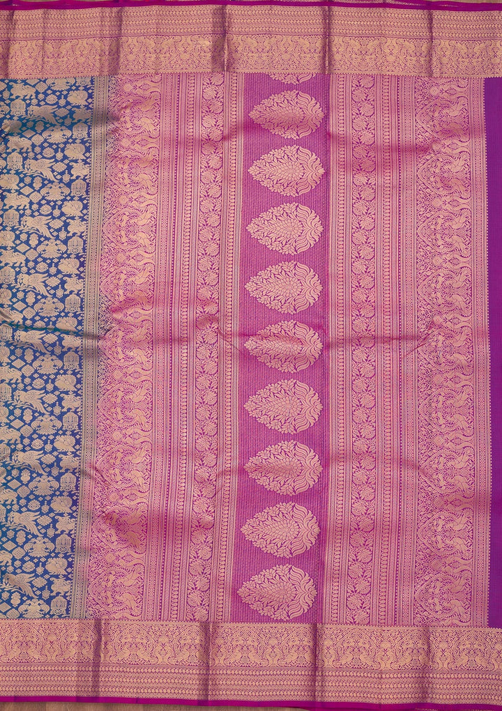 Peacock Blue Zariwork Pure Silk Saree-koskii