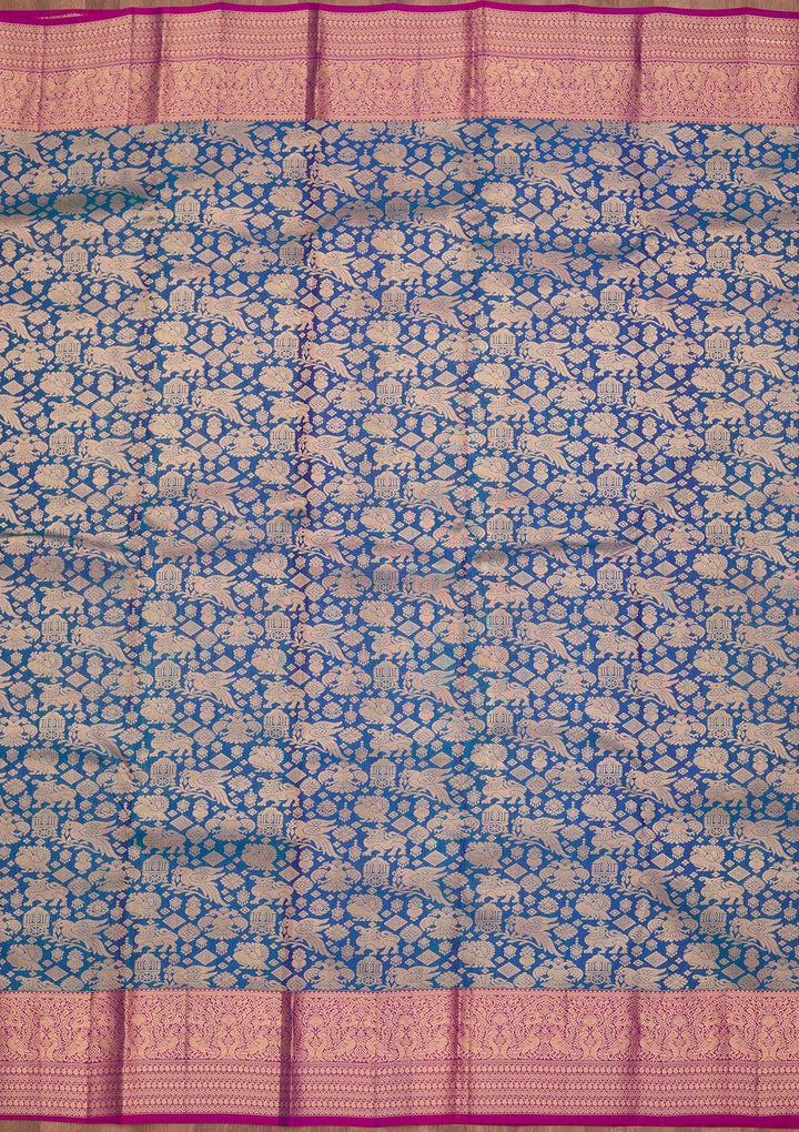 Peacock Blue Zariwork Pure Silk Saree-koskii
