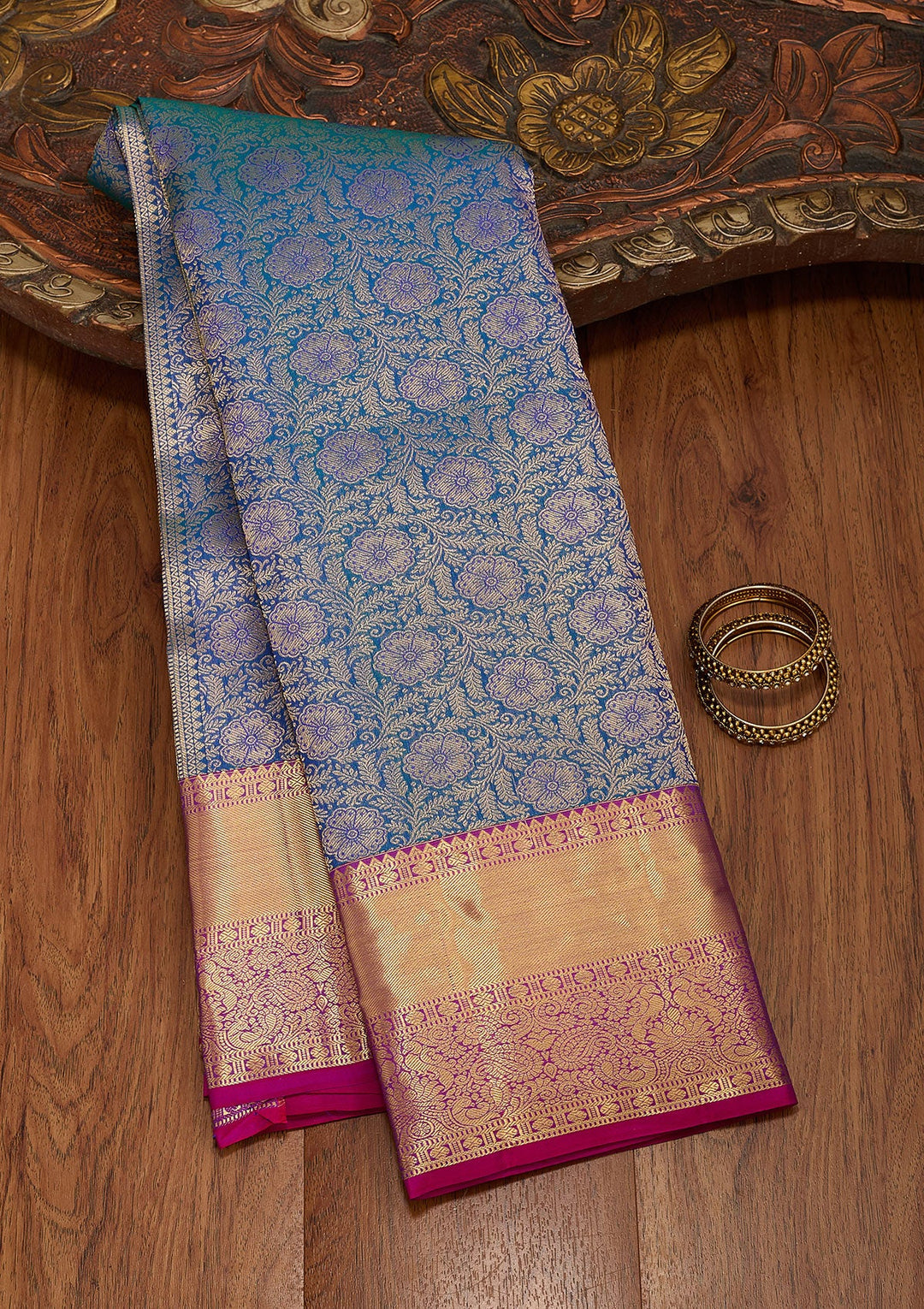 Peacock Blue Zariwork Pure Silk Saree-koskii