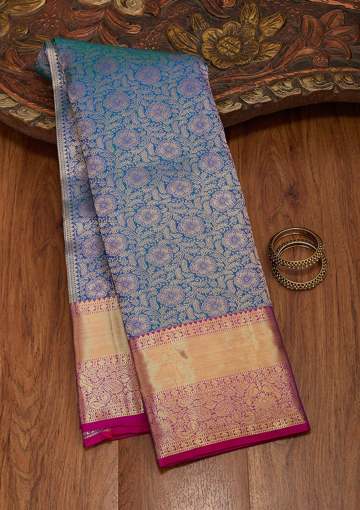 Peacock Blue Zariwork Pure Silk Saree-koskii