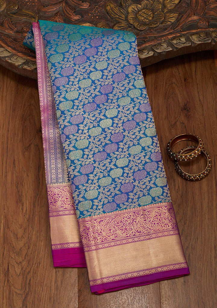 Peacock Blue Zariwork Pure Silk Saree-koskii