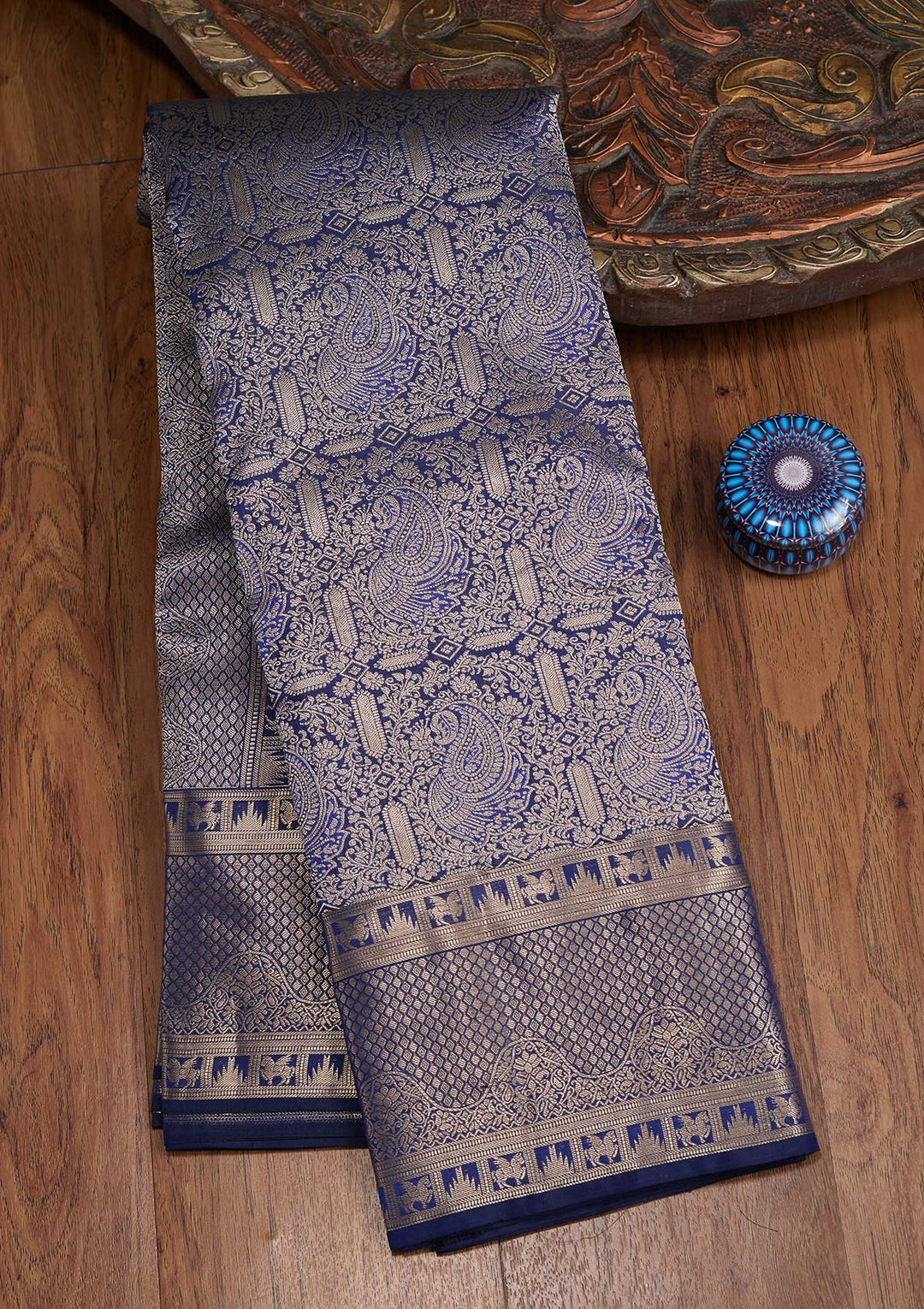 Navy Blue Zariwork (Gold) Silk Saree