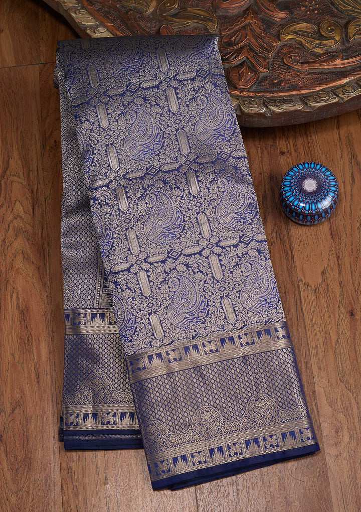 Navy Blue Zariwork (Gold) Silk Saree