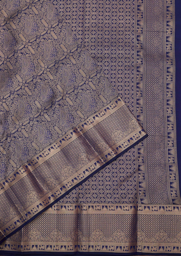 Navy Blue Zariwork (Gold) Silk Saree