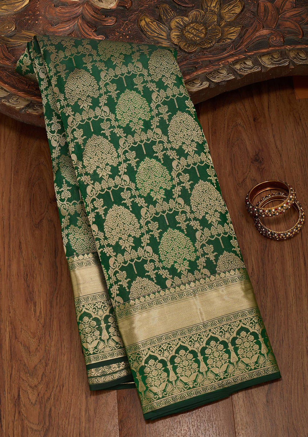 Bottle Green Zariwork Pure Silk Saree-koskii