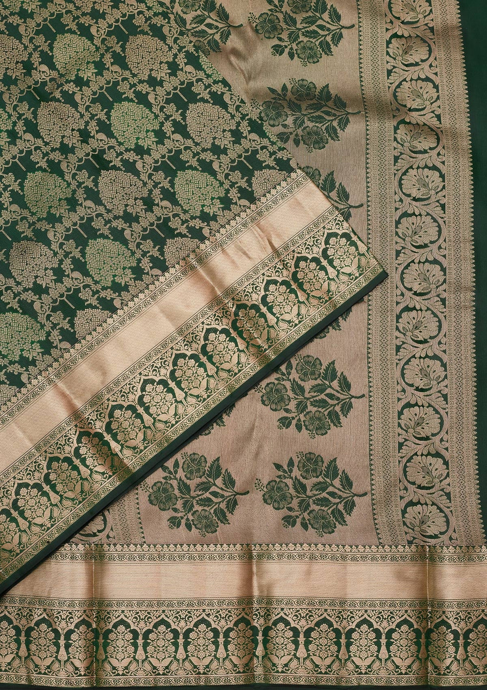 Bottle Green Zariwork Pure Silk Saree-koskii