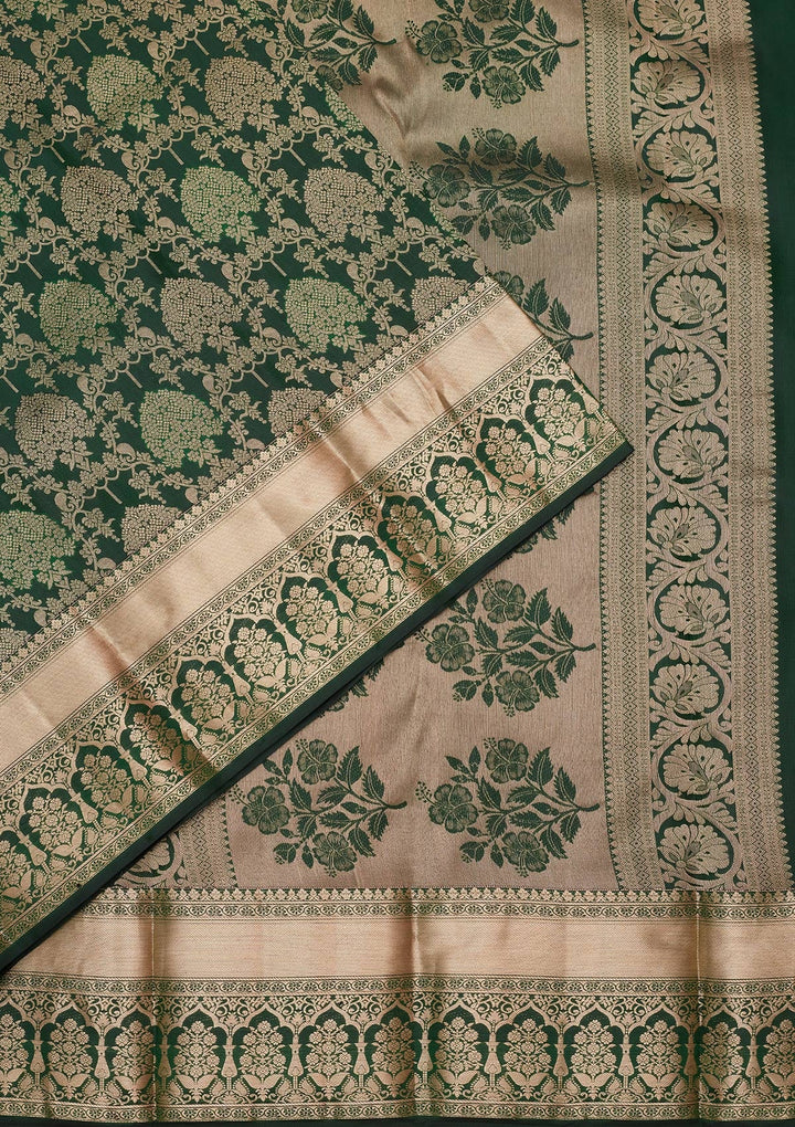 Bottle Green Zariwork Pure Silk Saree-koskii