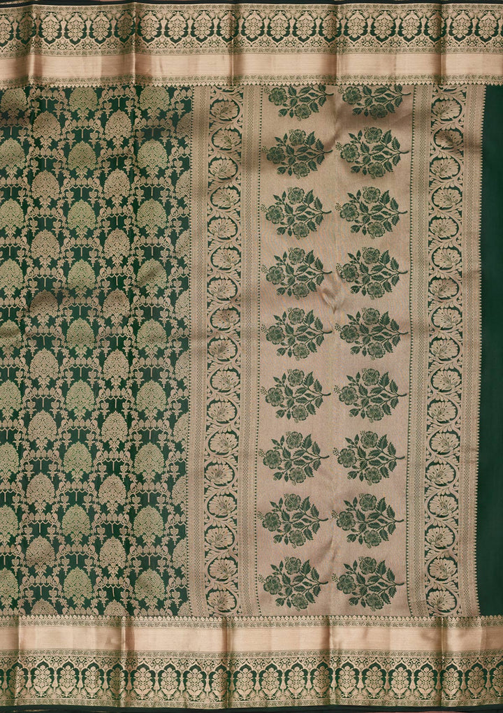 Bottle Green Zariwork Pure Silk Saree-koskii