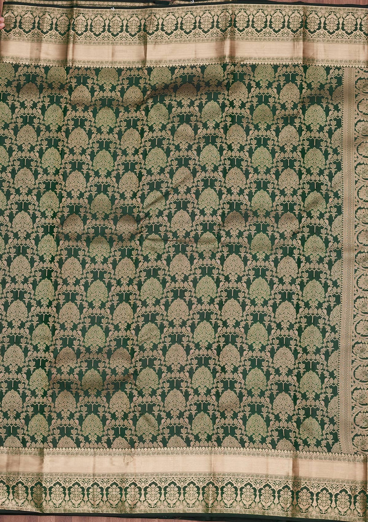Bottle Green Zariwork Pure Silk Saree-koskii