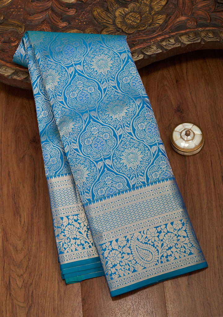 Peacock Blue Zariwork Pure Silk Saree-koskii