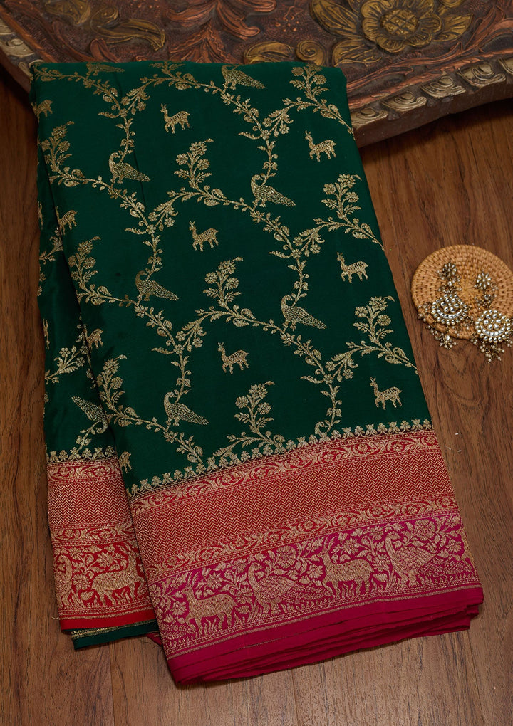 Bottle Green Zariwork Pure Crepe Silk Saree-koskii