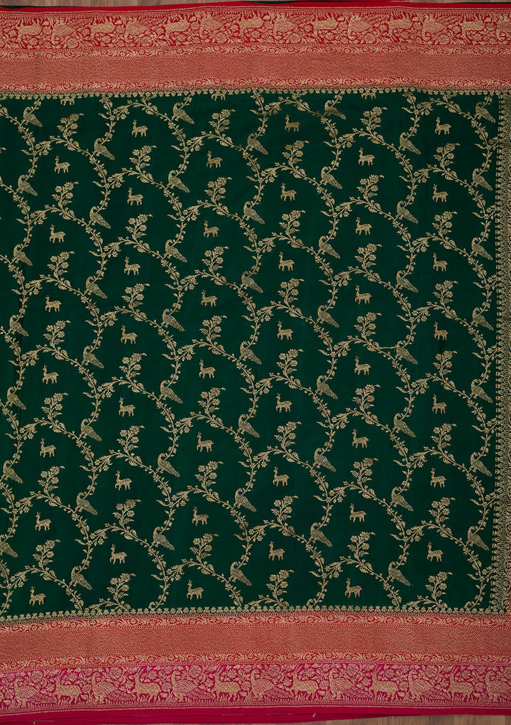 Bottle Green Zariwork Pure Crepe Silk Saree