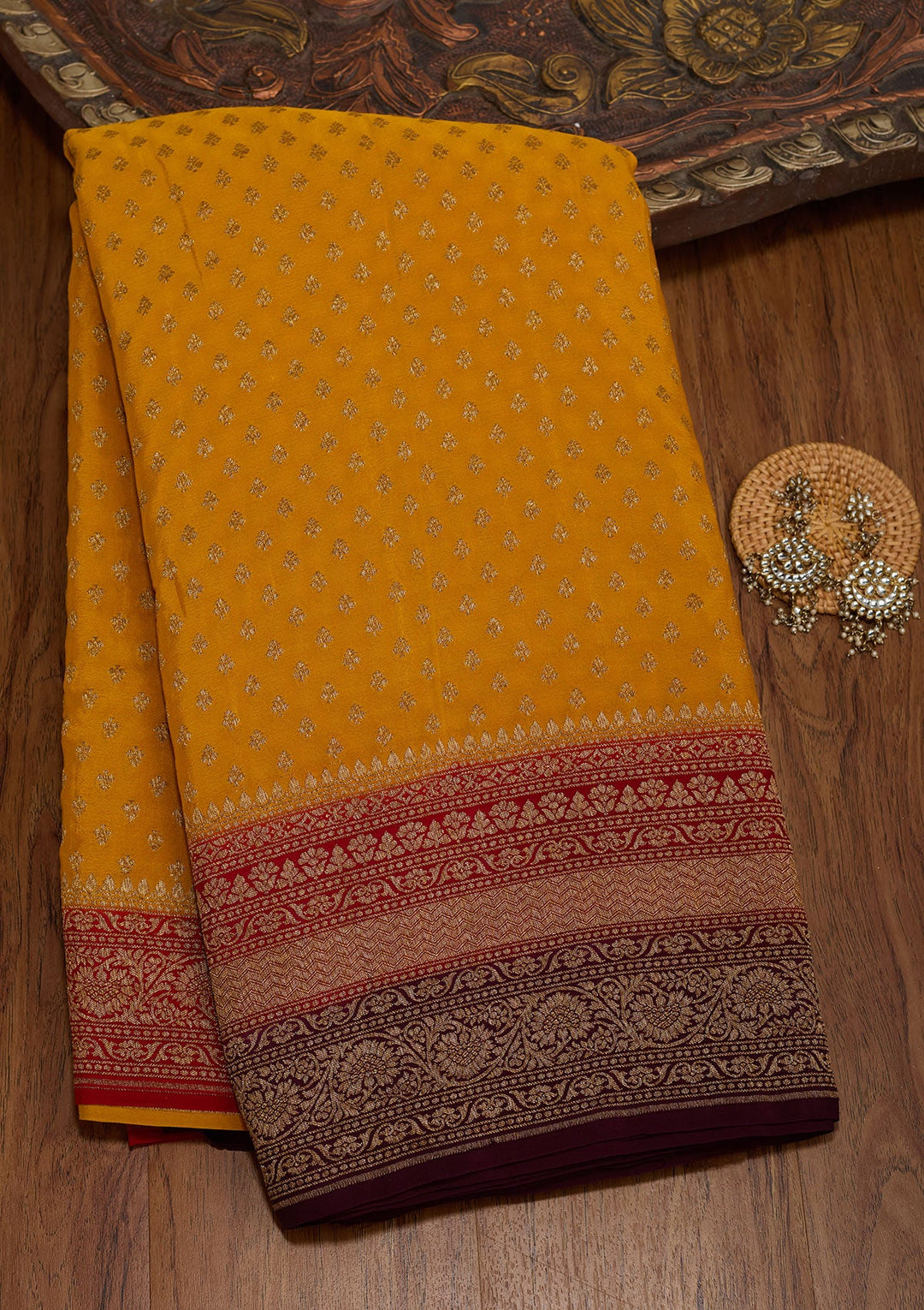 Mustard Zariwork Pure Crepe Silk Saree-koskii