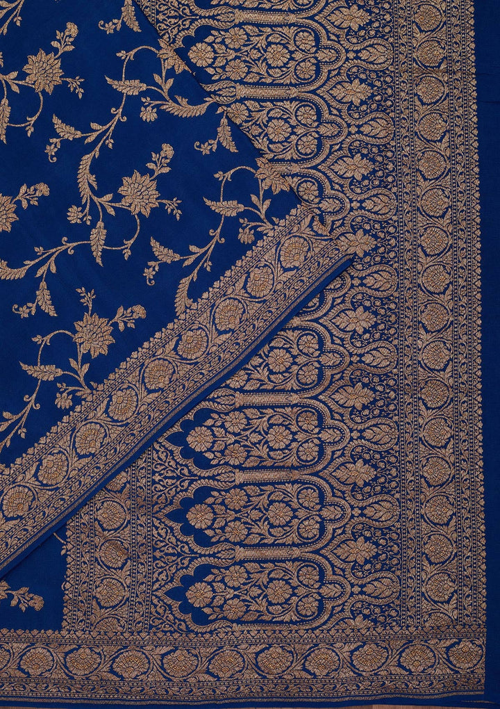 Peacock Blue Zariwork Pure Crepe Silk Saree