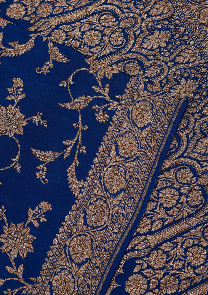 Peacock Blue Zariwork Pure Crepe Silk Saree