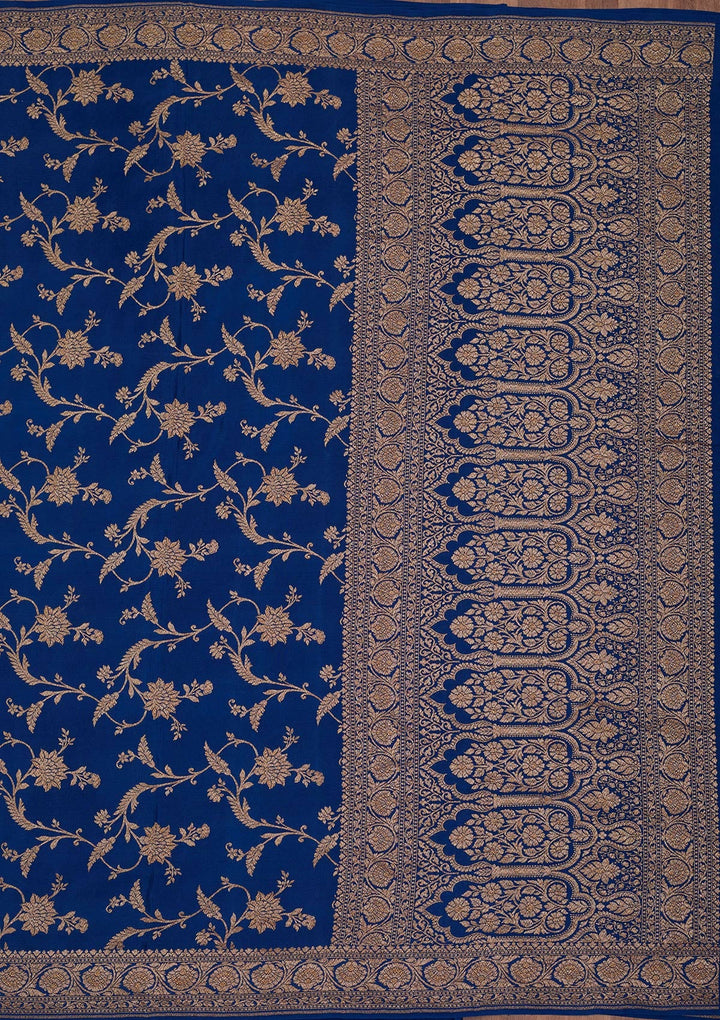 Peacock Blue Zariwork Pure Crepe Silk Saree
