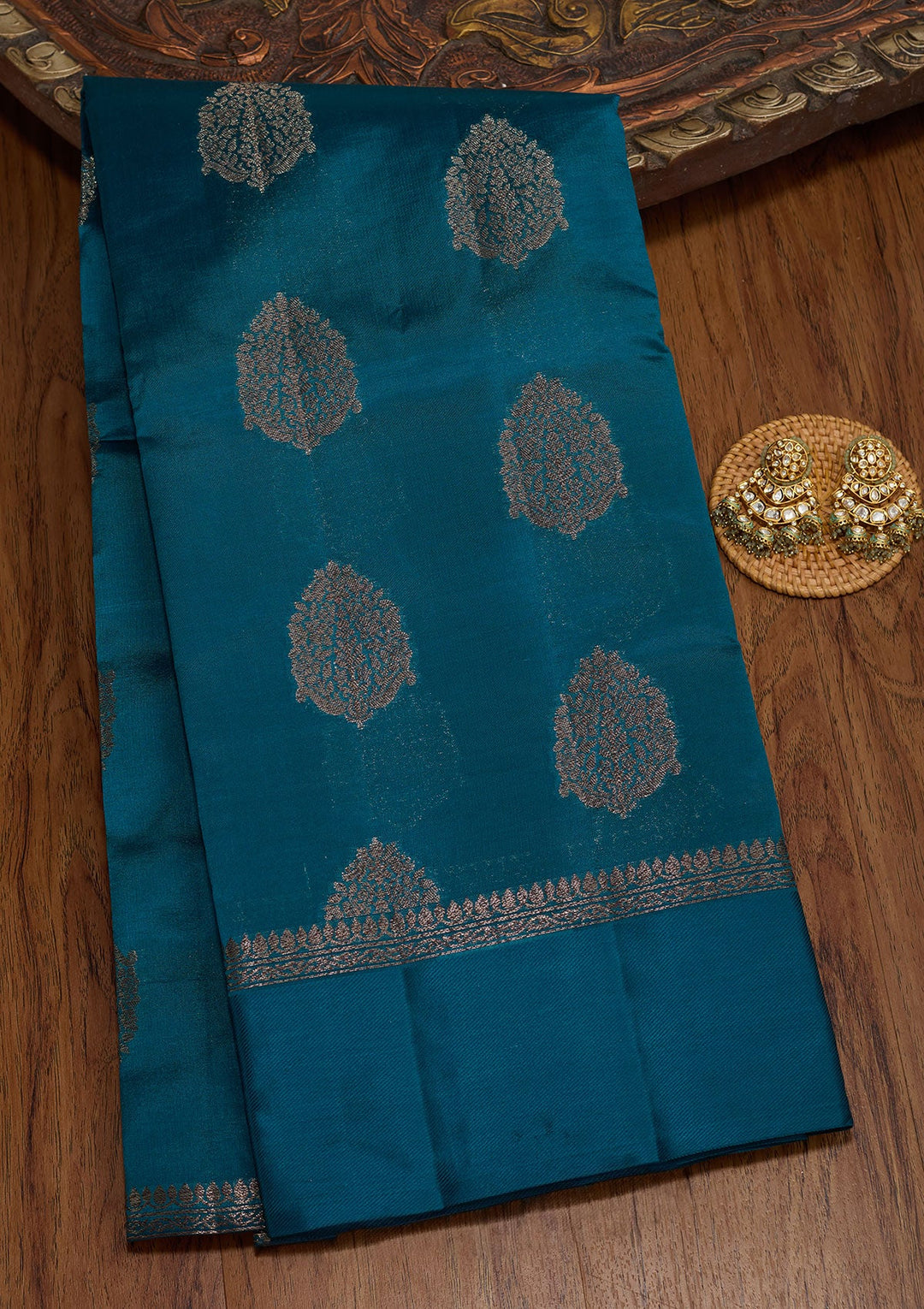 Peacock Blue Zariwork Pure Silk Saree-koskii