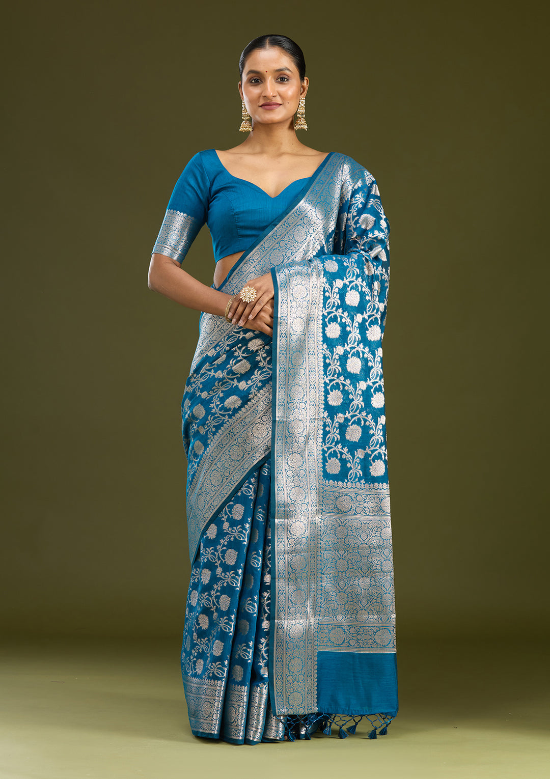 Peacock Blue Zariwork Cotton Silk Saree