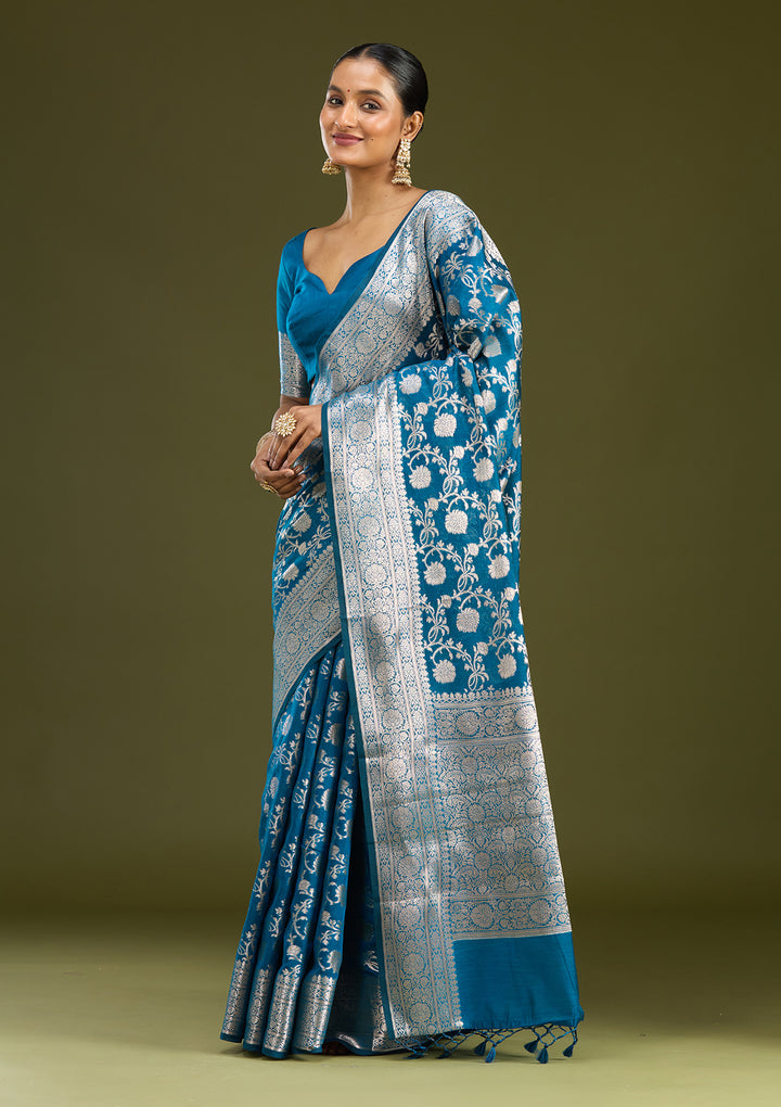 Peacock Blue Zariwork Cotton Silk Saree