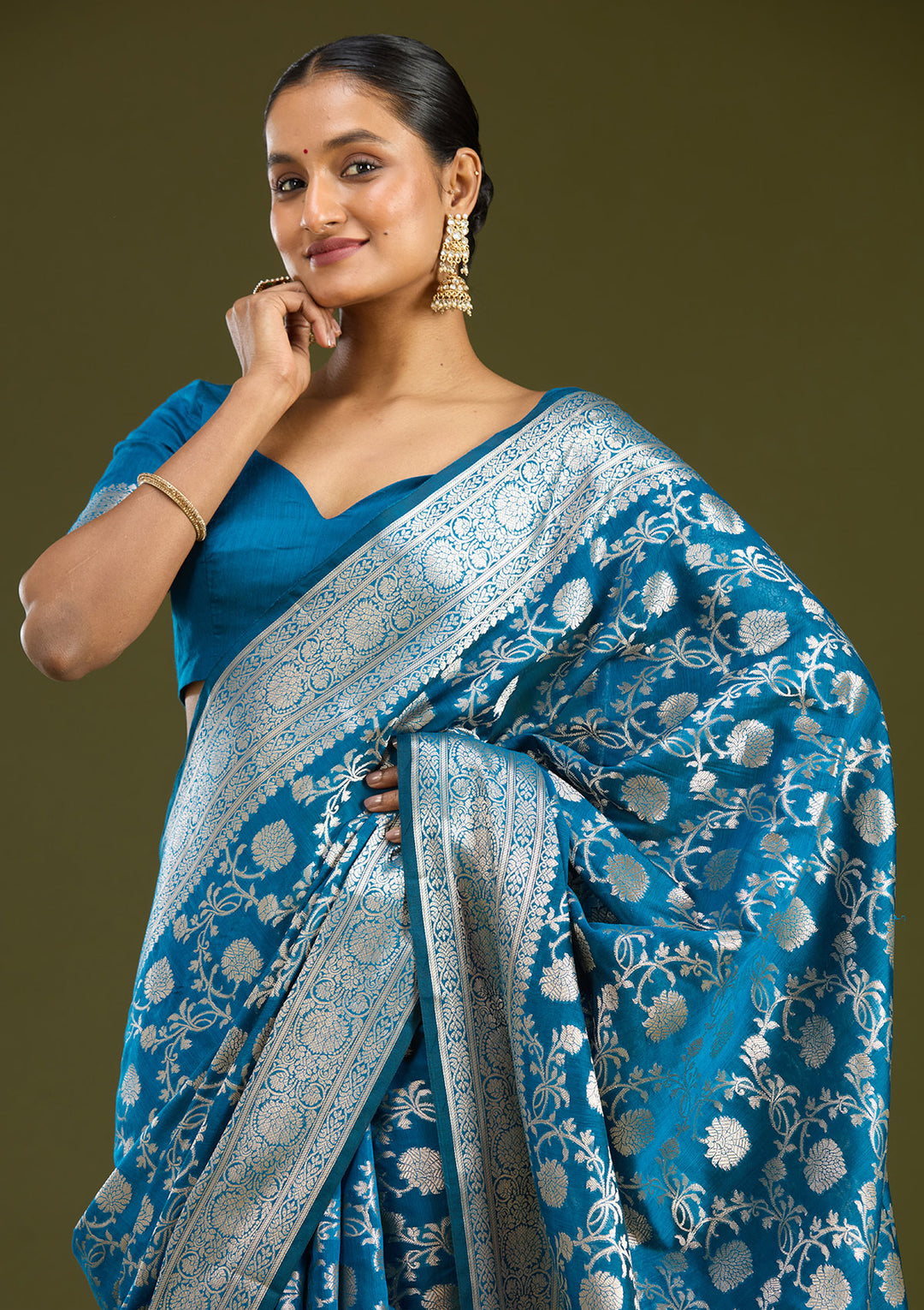 Peacock Blue Zariwork Cotton Silk Saree