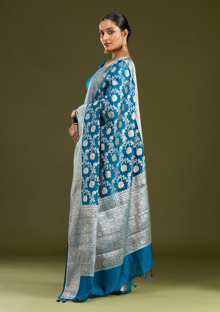 Peacock Blue Zariwork Cotton Silk Saree