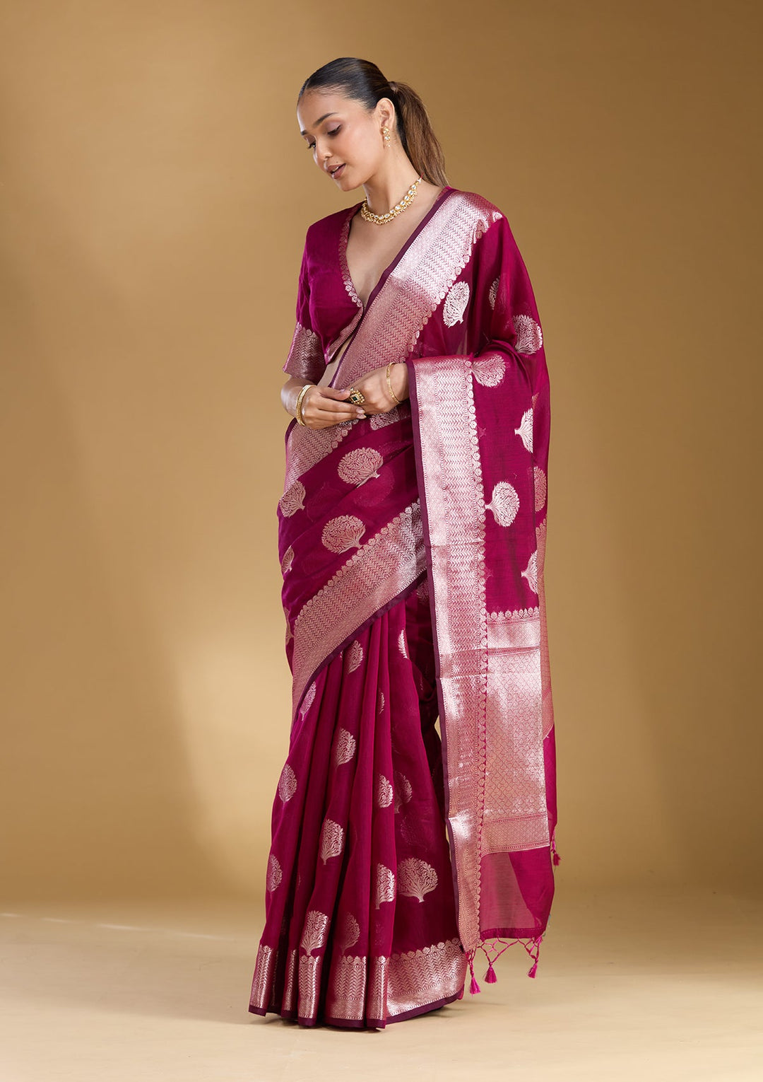 Magenta Pink Zariwork (Gold) Art Silk Silk_Saree