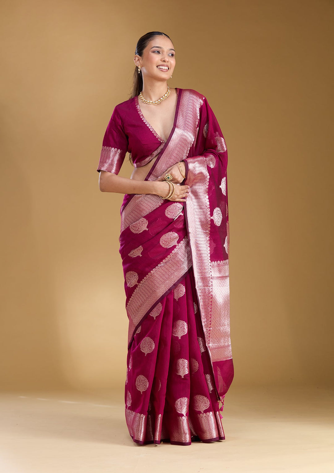 Magenta Pink Zariwork (Gold) Art Silk Silk_Saree