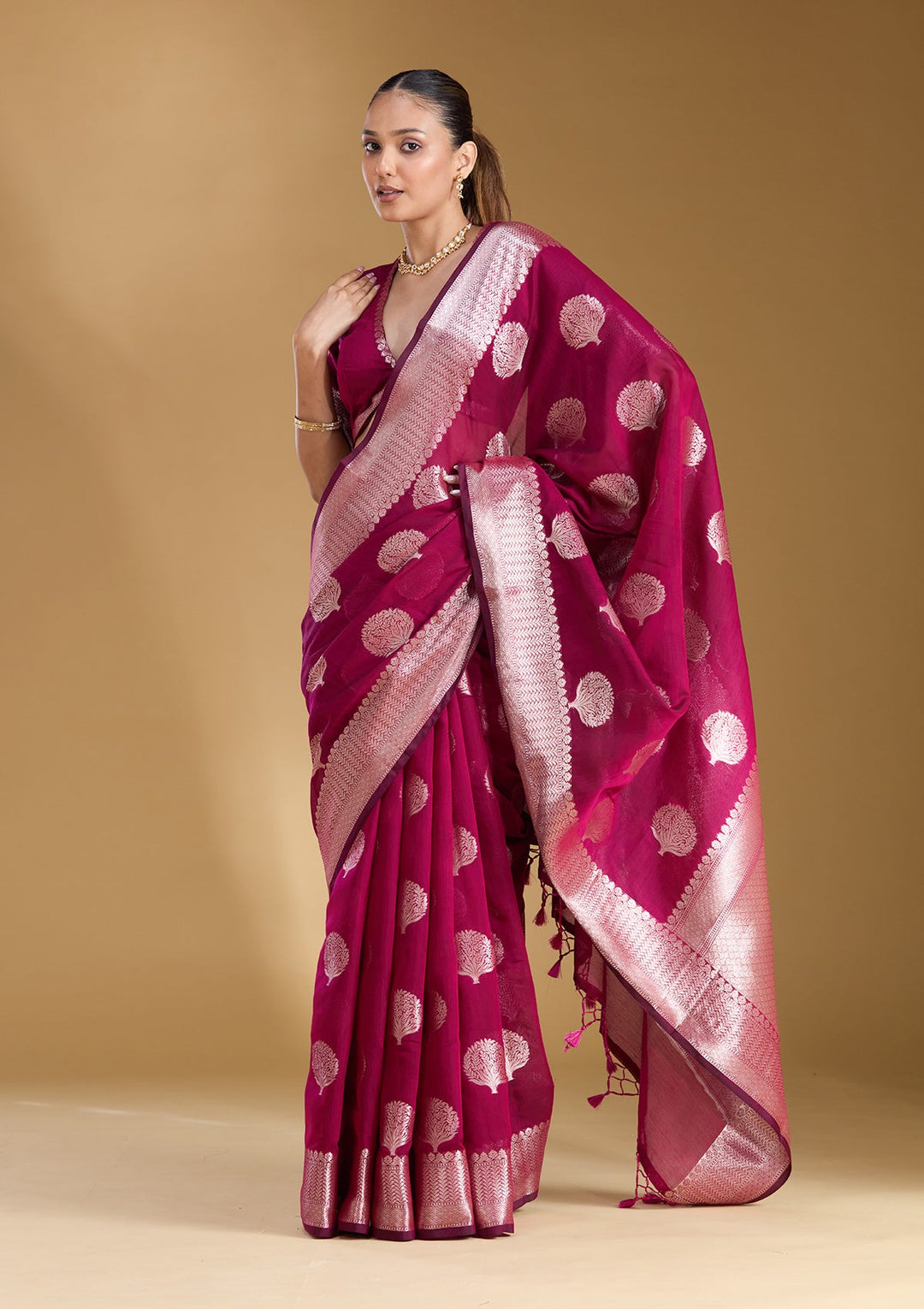 Magenta Pink Zariwork (Gold) Art Silk Silk_Saree