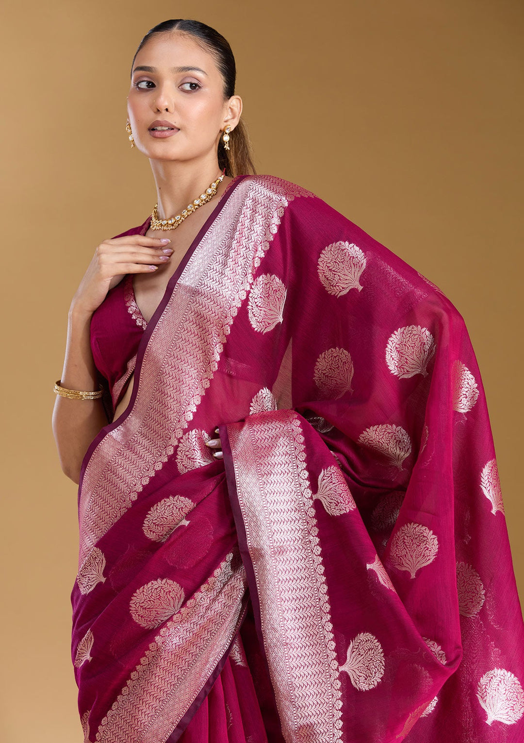 Magenta Pink Zariwork (Gold) Art Silk Silk_Saree