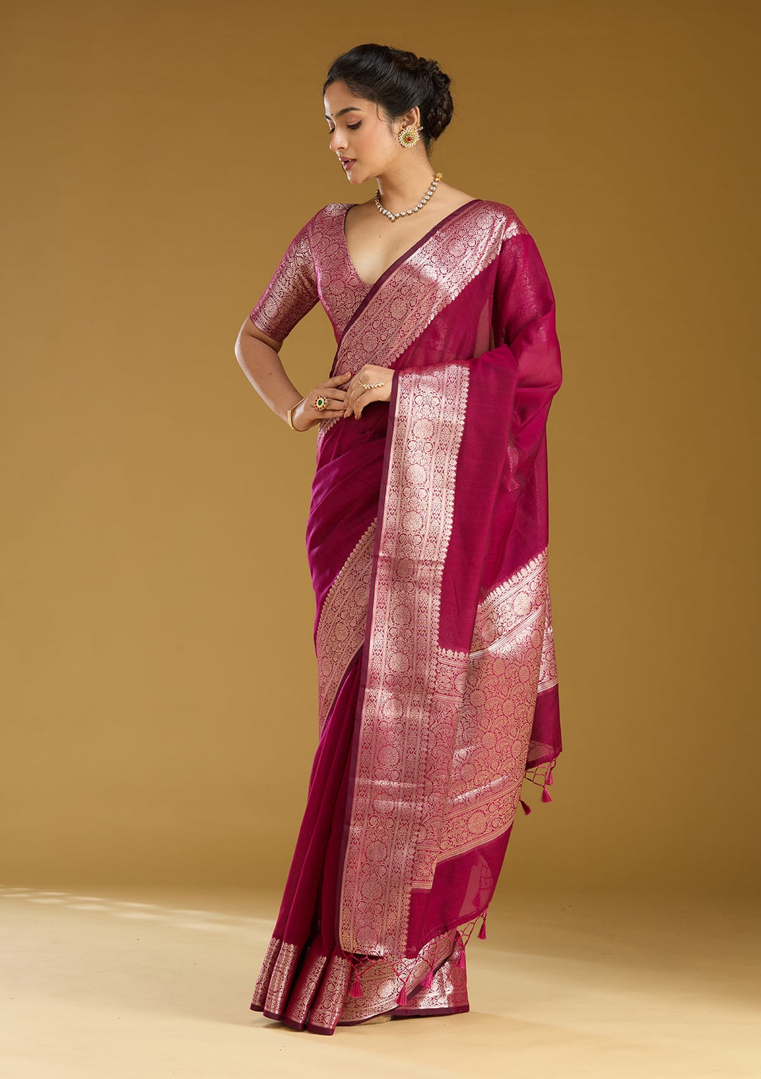 Magenta Pink Zariwork (Gold) Art Silk Silk Saree