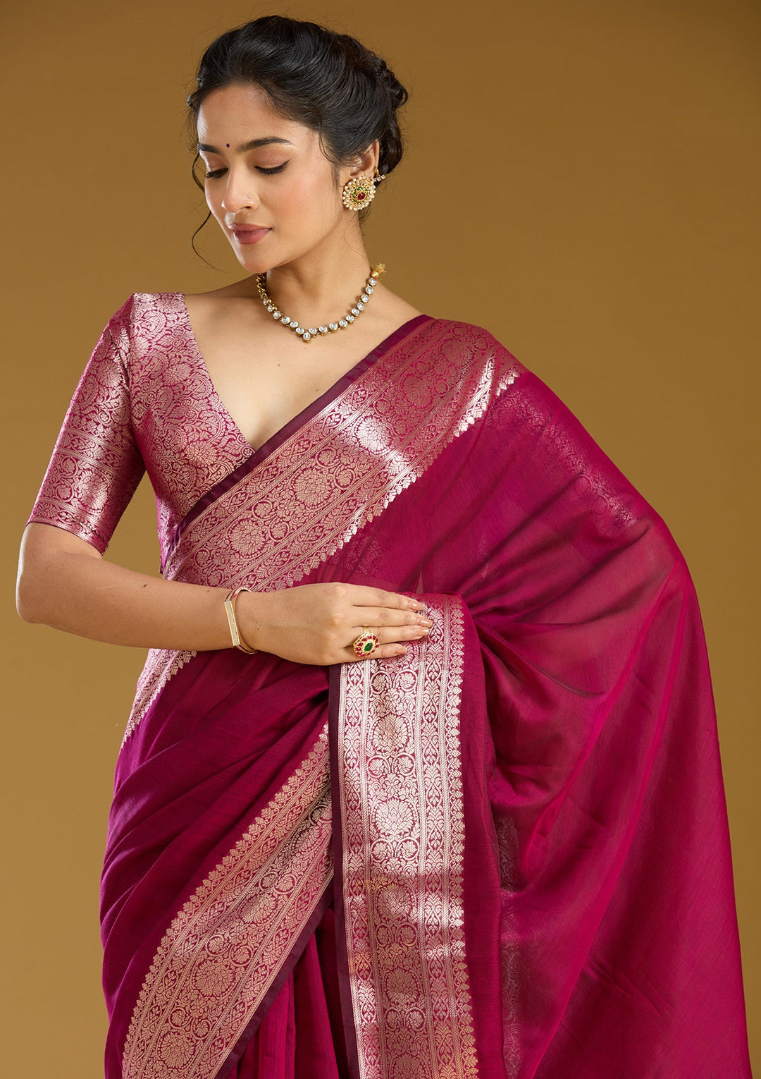 Magenta Pink Zariwork (Gold) Art Silk Silk Saree