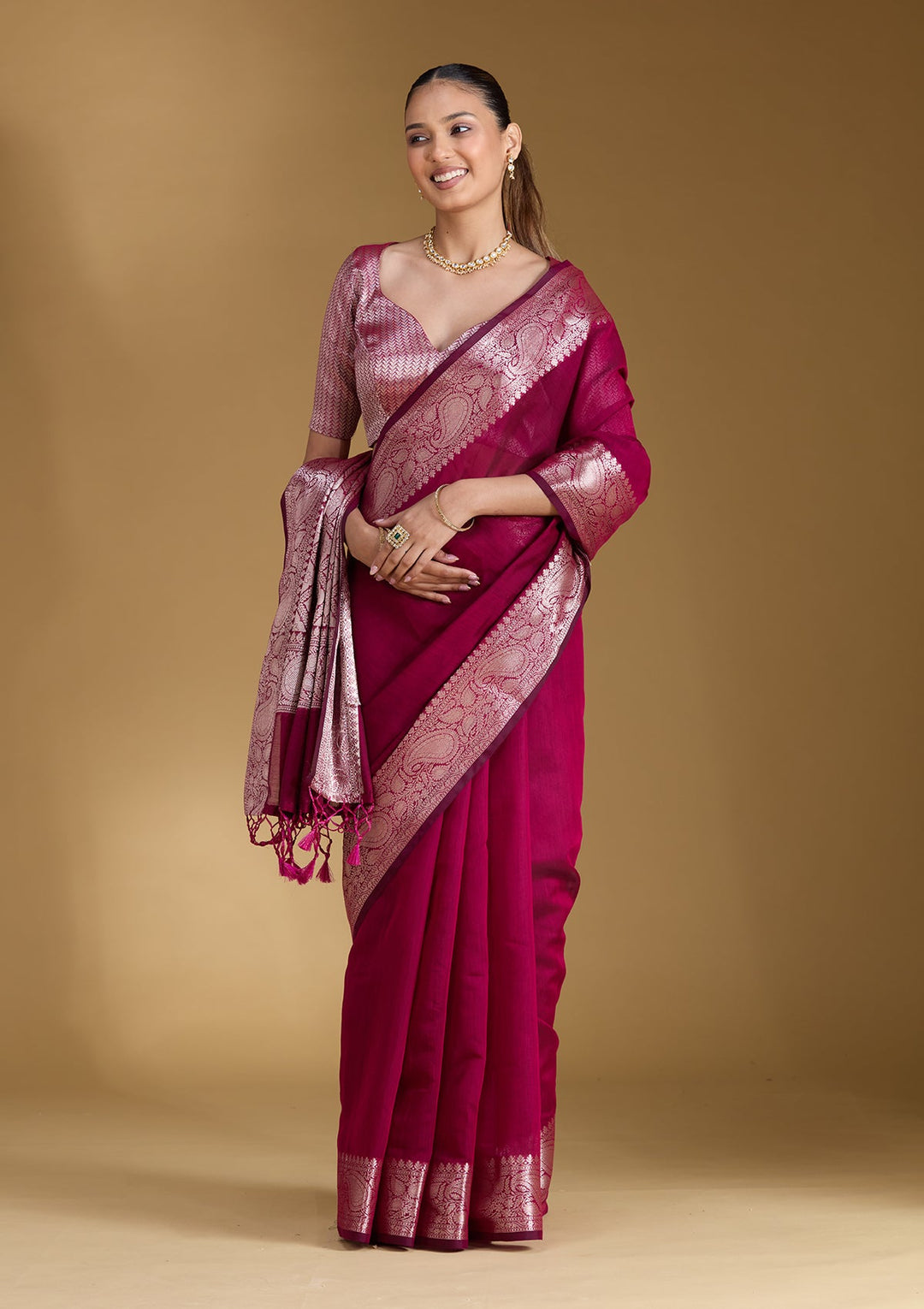 Magenta Pink Zariwork (Gold) Art Silk Silk_Saree