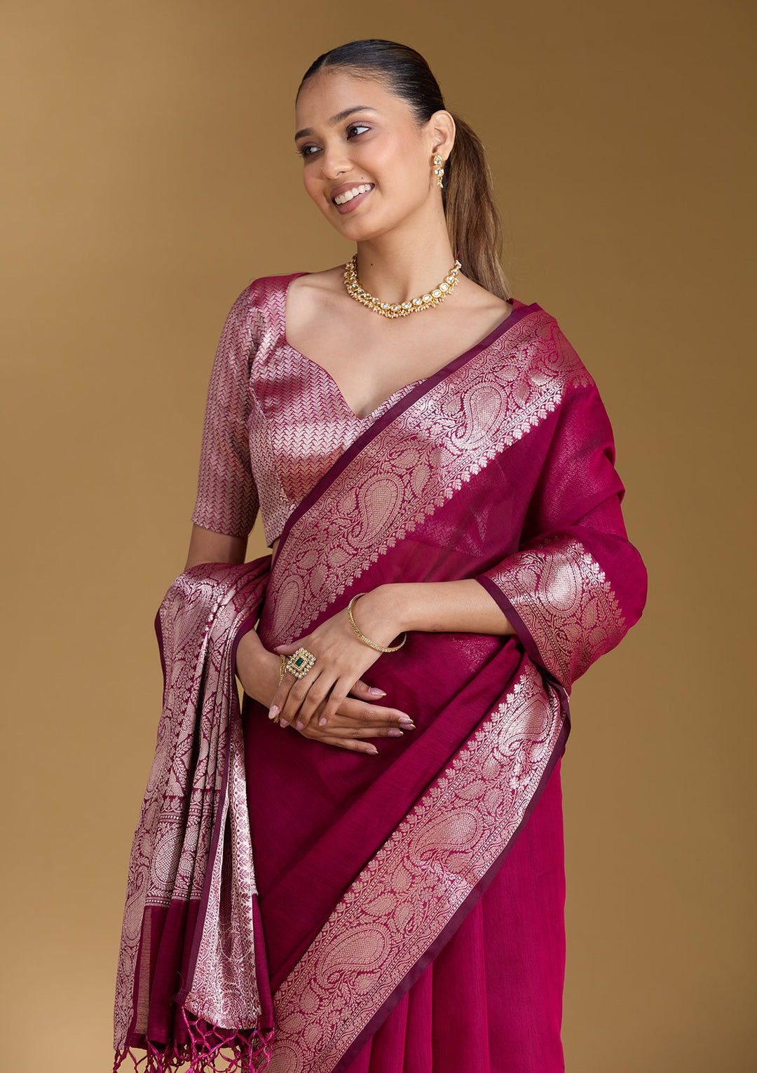 Magenta Pink Zariwork (Gold) Art Silk Silk_Saree