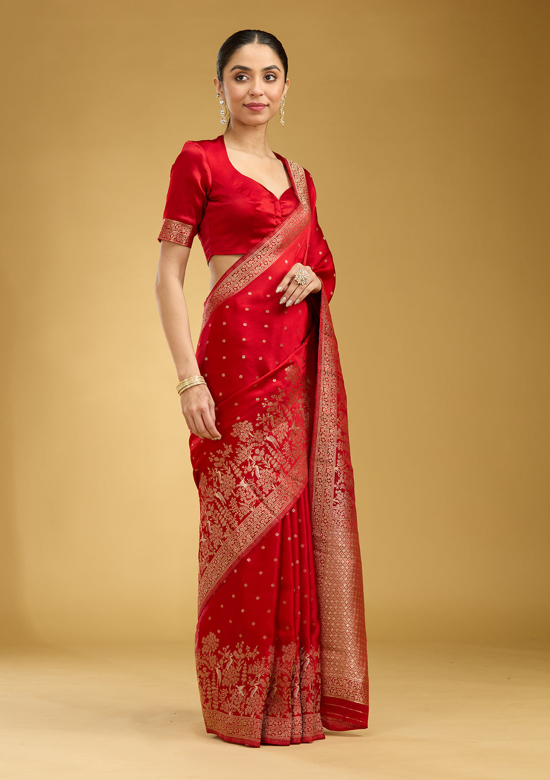 Red Zariwork (Gold) Semi Crepe Silk Saree